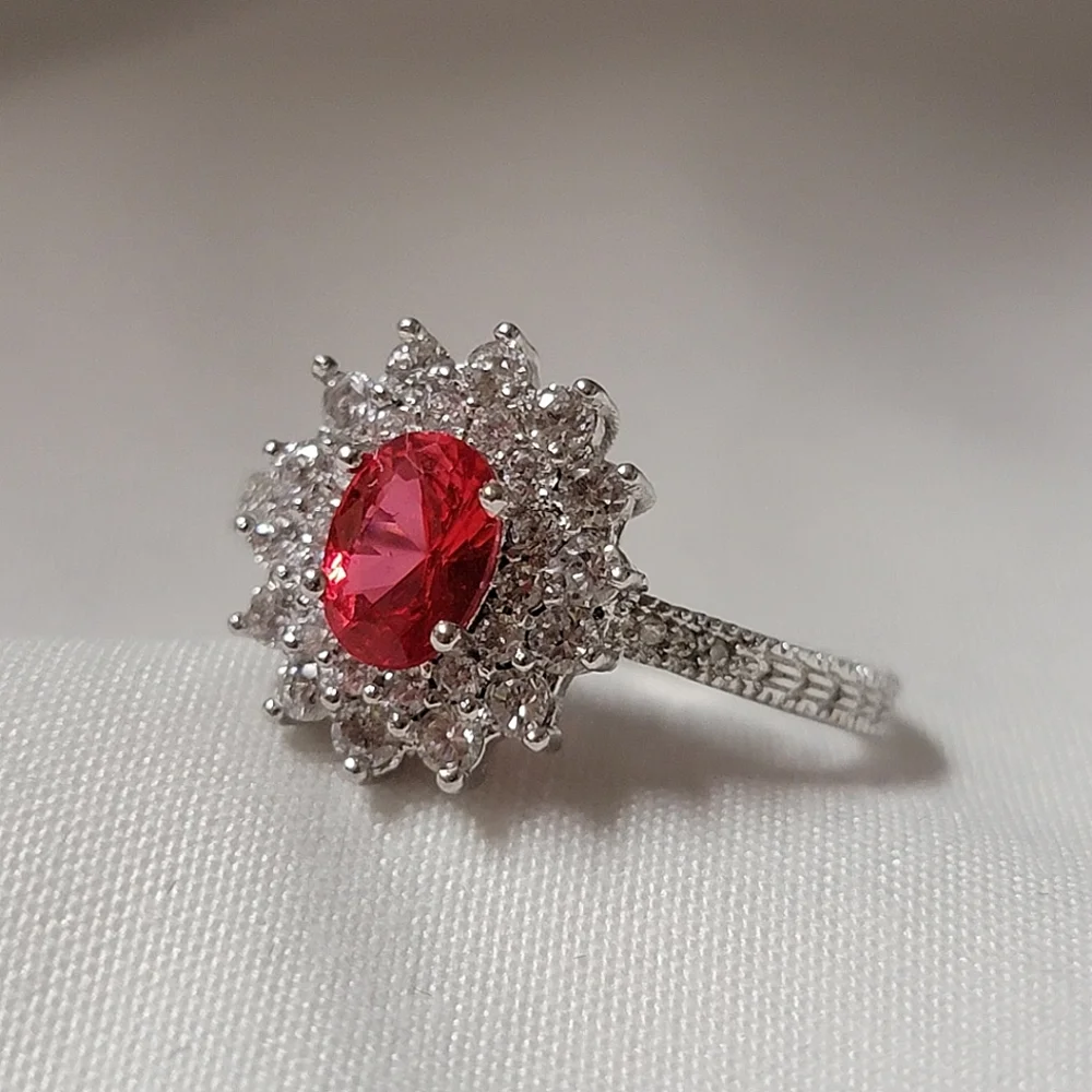 Gorgeous Halo Ruby and White Sapphire Simulated Stone Silver Tone Ring